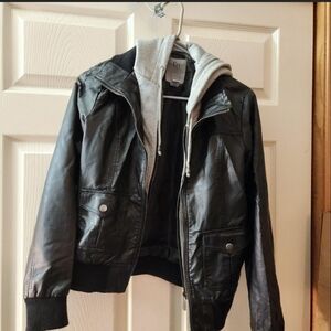 Full Tilt Black Leather Jacket with Gray Hoodie